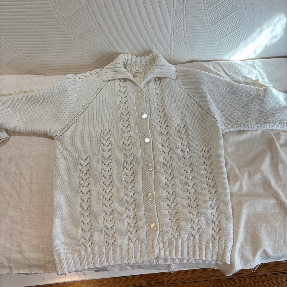 Vintage Hand Knit Ivory Cardigan Sweater Cable Knit Pearl Buttons Handmade
